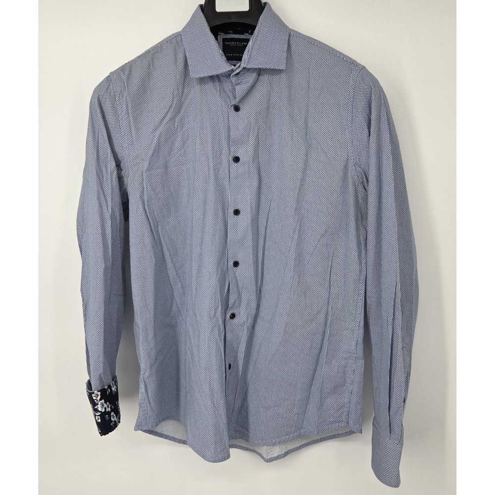 Denim & Flower Button Up Shirt Mens Medium Blue Geometric Long Sleeve Flip‎ Cuff